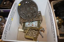 A BOX OF BRASS AND OTHER TRIVET STANDS ETC.