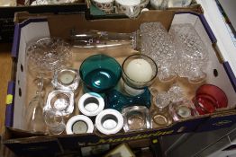 A TRAY OF GLASSWARE TO INCLUDE A PAIR OF CUT GLASS DECANTERS, TOGETHER WITH AN OAK TWIN HANDLED