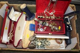 A BOX OF COSTUME JEWELLERY AND WRISTWATCHES ETC.