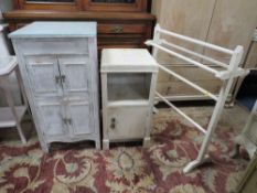 A VINTAGE SHABBY CHIC STYLE OLD GRAMOPHONE CABINET, BEDSIDE CABINET AND TOWEL RAIL (3)