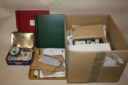 A BOX OF ASSORTED FIRST DAY COVERS AND STAMPS TO INCLUDE ALBUM