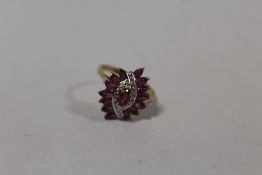 A HALLMARKED 9 CARAT GOLD DRESS RING SET WITH RUBYS AND DIAMONDS, APPROX WEIGHT 3G, RING SIZE N