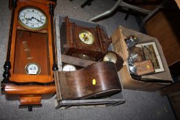 TWO BOXES OF CLOCKS AND COLLECTABLES TO INCLUDE A MODERN REPRODUCTION 31-DAY WALL CLOCK, AND VINTAGE