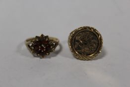 A HALLMARKED 9 CT GOLD FLORAL GARNET DRESS RING, TOGETHER WITH ANOTHER