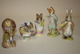 A COLLECTION OF FIVE BESWICK BEATRIX POTTER FIGURES, TO INCLUDE A GOLD STAMPED TAILOR OF