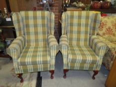 A PAIR OF MATCHING MODERN CHECKED ARMCHAIRS
