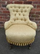 AN ANTIQUE BEDROOM CHAIR WITH CONTEMPORARY UPHOLSTERY