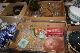 TWO TRAYS OF ASSORTED GLASSWARE TO INCLUDE A CAITHNESS VASE, AND CUT GLASS VASES