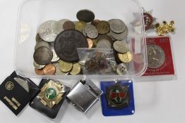 A COLLECTION OF VINTAGE COINS AND MEDALS, FIRE BRIGADE BADGE ETC.