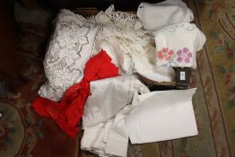 A TRAY OF MOSTLY VINTAGE LINEN AND TEXTILES