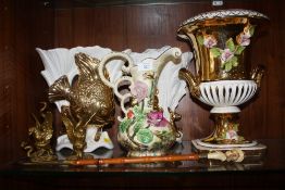 A PAIR OF GILDED BRONZE EFFECT FIGURES OF EAGLES WITH ENTWINED SERPENTS TOGETHER WITH A SELECTION OF