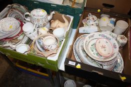 TWO TRAYS OF ASSORTED CHINA TO INCLUDE A MINTON HADDON HALL TEAPOT, ROYAL WORCESTER ETC.