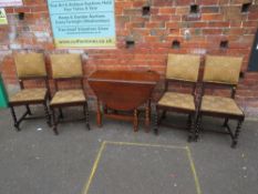 A SET OF FOUR OAK BARLEYTWIST UPHOLSTERED DINING CHAIRS TOGETHER WITH A DROPLEAF TABLE