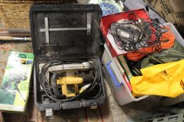 A MIXED LOT TO INCLUDE A CASED DEWALT SAW, SPOTTING SCOPE, PICNIC BACKPACK, WATERS, POWER LEADS,