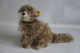 A STEIFF TREFF SKYE TERRIER PLUSH MOHAIR DOG, with button and tag to the ear H 30 cm