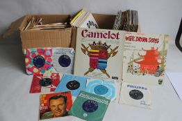 TWO BOXES OF LP RECORDS, SINGLES AND 78S to include musicals and easy listening LPs, 1960s