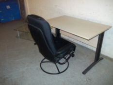 A LEATHER SWIVEL RECLINER, A GLASS COFFEE TABLE AND AN IKEA STYLE DESK
