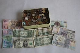 A TIN OF WORLD COINS TO INCLUDE A QUANTITY OF EUROS, together with a small collection of bank