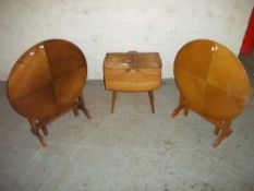 TWO VINTAGE TILT TOP CIRCULAR TABLES AND A CANTILEVER SEWING BOX