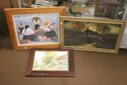 TWO FRAMED OILS ONE DEPICTING A FARMYARD SCENE THE OTHER A COTTAGE, together with a modern print