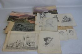 A FOLDER OF PENCIL DRAWINGS AND PAINTINGS