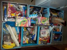 SEVEN CRATES OF CONSUMABLE HOUSEHOLD ITEMS, BOTH NEW AND USED