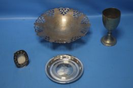 A HALLMARKED SILVER DISH together with a white metal picture frame, trophy etc.