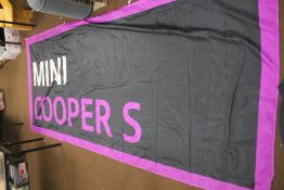 A MINI COOPER ORIGINAL DEALERS SHOWROOM BANNER, in purple, black and white approx. 145 x 350 cm