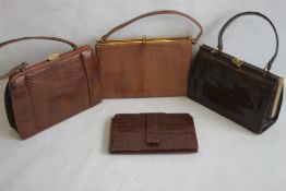 THREE VINTAGE HIDE HANDBAGS AND A CLUTCH BAG, one Mappin & Webb, one Marquessa and two unknown
