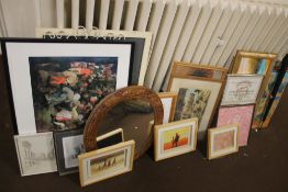 A QUANTITY OF ASSORTED PICTURES, PRINTS, AND MIRRORS,