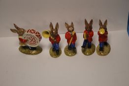 FIVE ROYAL DOULTON BUNNYKINS FIGURES to include Drummer Bunnykins, Drum Major Bunnykins, Cymbal