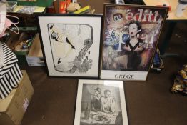 A CONTINENTAL STYLE PRINT, together with two continental style posters