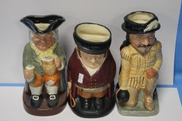THREE ROYAL DOULTON TOBY JUGS to include Happy John, The Huntsman and Sir Francis Drake (3)