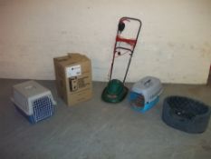 THREE CAT BEDS/CAGES, ONE NEW BOXED SPINNER AND A HOVER MOWER
