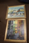 A FRAMED VENETIAN TYPE CANAL SCENE, together with a continental city scene