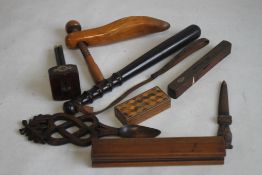A COLLECTION OF ASSORTED TREEN, to include a truncheon, love spoon, owl letter opener etc