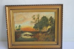 A FRAMED OIL ON CANVAS DEPICTING A RIVER SCENE