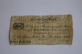 WELSHPOOL BANK FOR JOHN MYTTON MATTHEW JONES AND PRICE GLYNNE MYTTON, £1 one pound note dated 15th