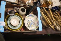 A TRAY OF CERAMICS together with three tables (tray not included)