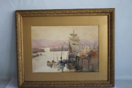 HARRY WANLESS - a watercolour of boats in a harbour in gilt frame, signed lower right, 62 x 78