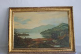 A LARGE FRAMED OIL ON CANVAS OF A LAKESIDE SCENE, signed 