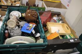 TWO TRAYS OF CERAMICS AND METALWARE TO INCLUDE STEINS (trays not included)