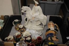 A TRAY OF ASSORTED TOBY JUGS together with a Staffordshire style flatback