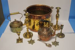 A COPPER AND BRASS COAL BUCKET together with a quantity of candlestick holders, copper kettle etc.