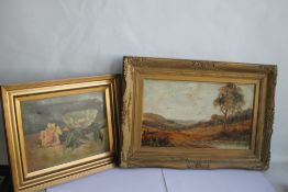 TWO FRAMED OIL ON CANVASES, one depicting a rural scene, the other of flowers