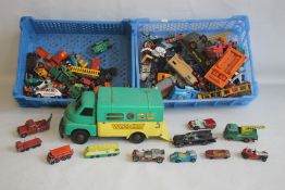 TWO TRAYS OF PLAYWORN DIE CAST VEHICLES including Dinky Hawker Sidley Aeroplane, Dinky turntable