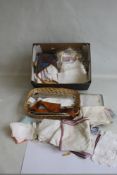 A BOX OF VINTAGE COLLARS, HANDKERCHIEFS, ETC.