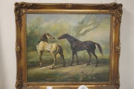 A FRAMED OIL DEPICTING HORSES, signature indistinct