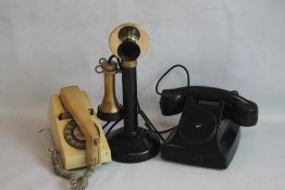 THREE PROP TELEPHONES to include candlestick, Trimphone and Bakelite