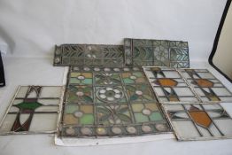 SEVEN PIECES OF LEADED GLASS including clear, green, yellow and red 66 cm x 53 cm (1), 18 cm x 53 cm